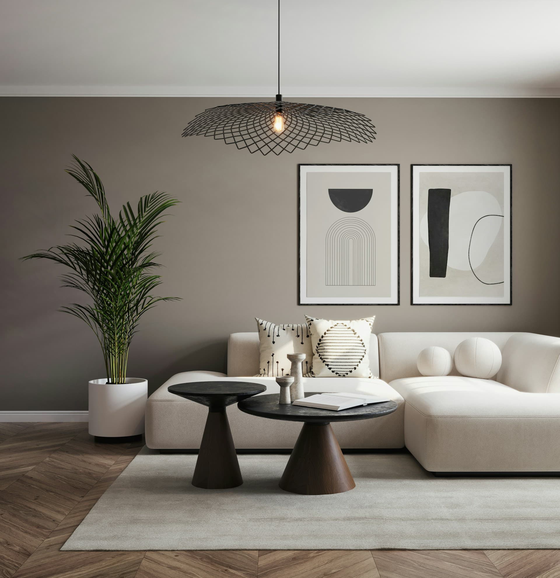 Soft grey living room with a cream sofa and abstract artwork