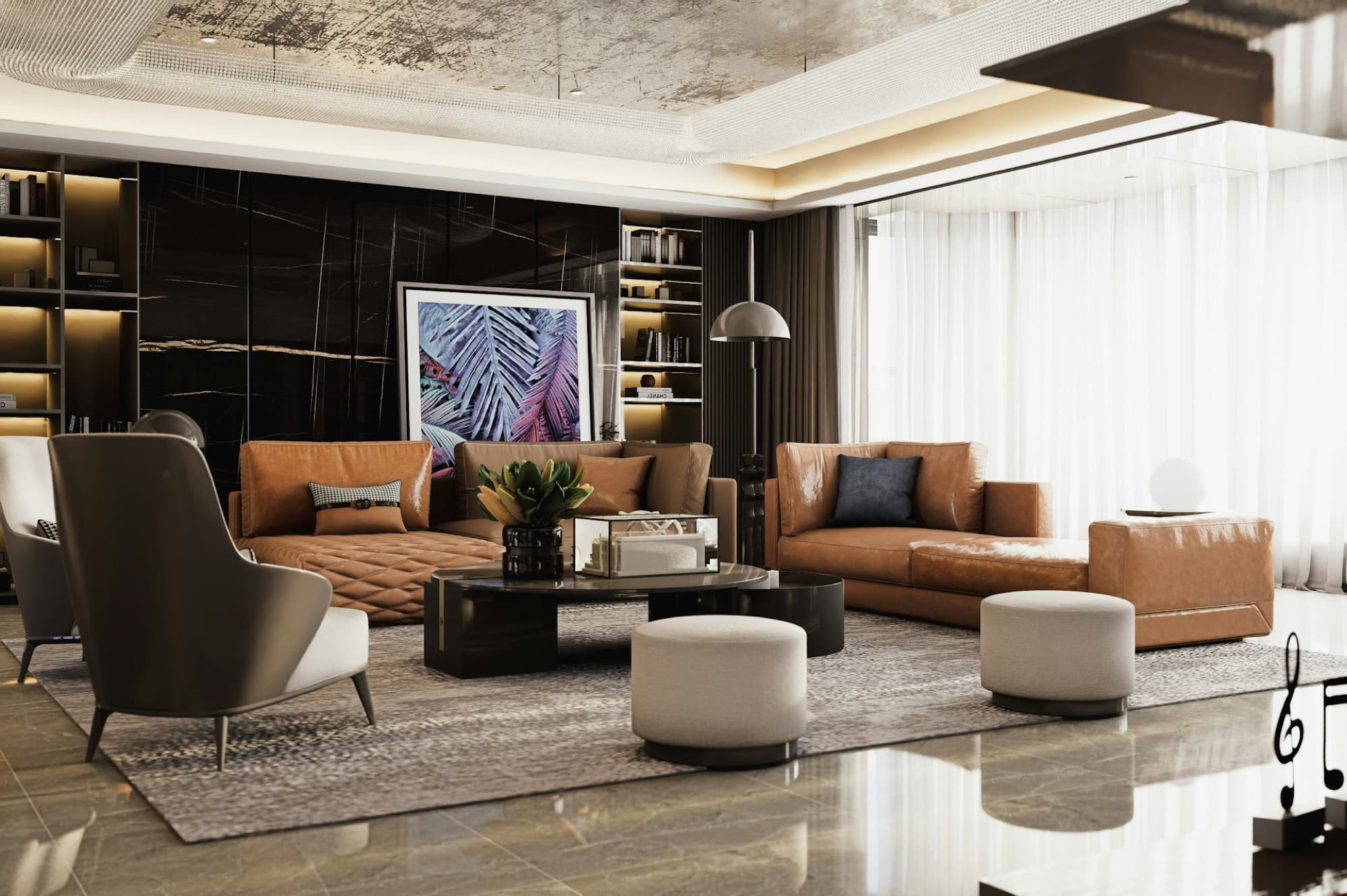 Lounge with leather sofas, ottomans and a bold botanical artwork