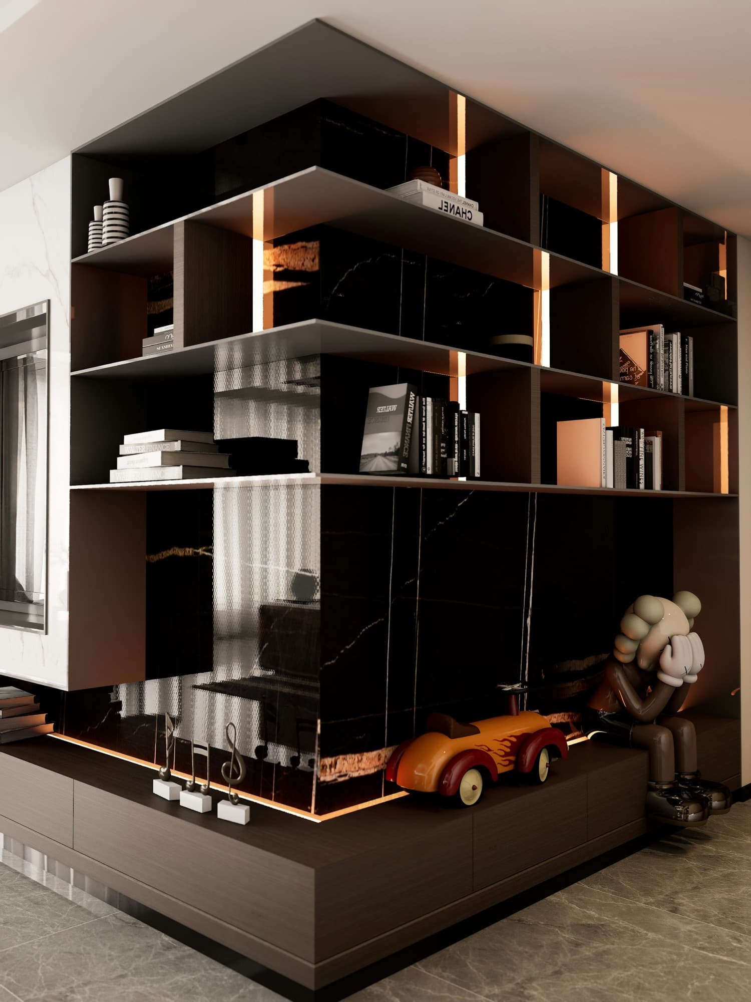 Bronze-lit bookshelf sculpture displaying collected objects