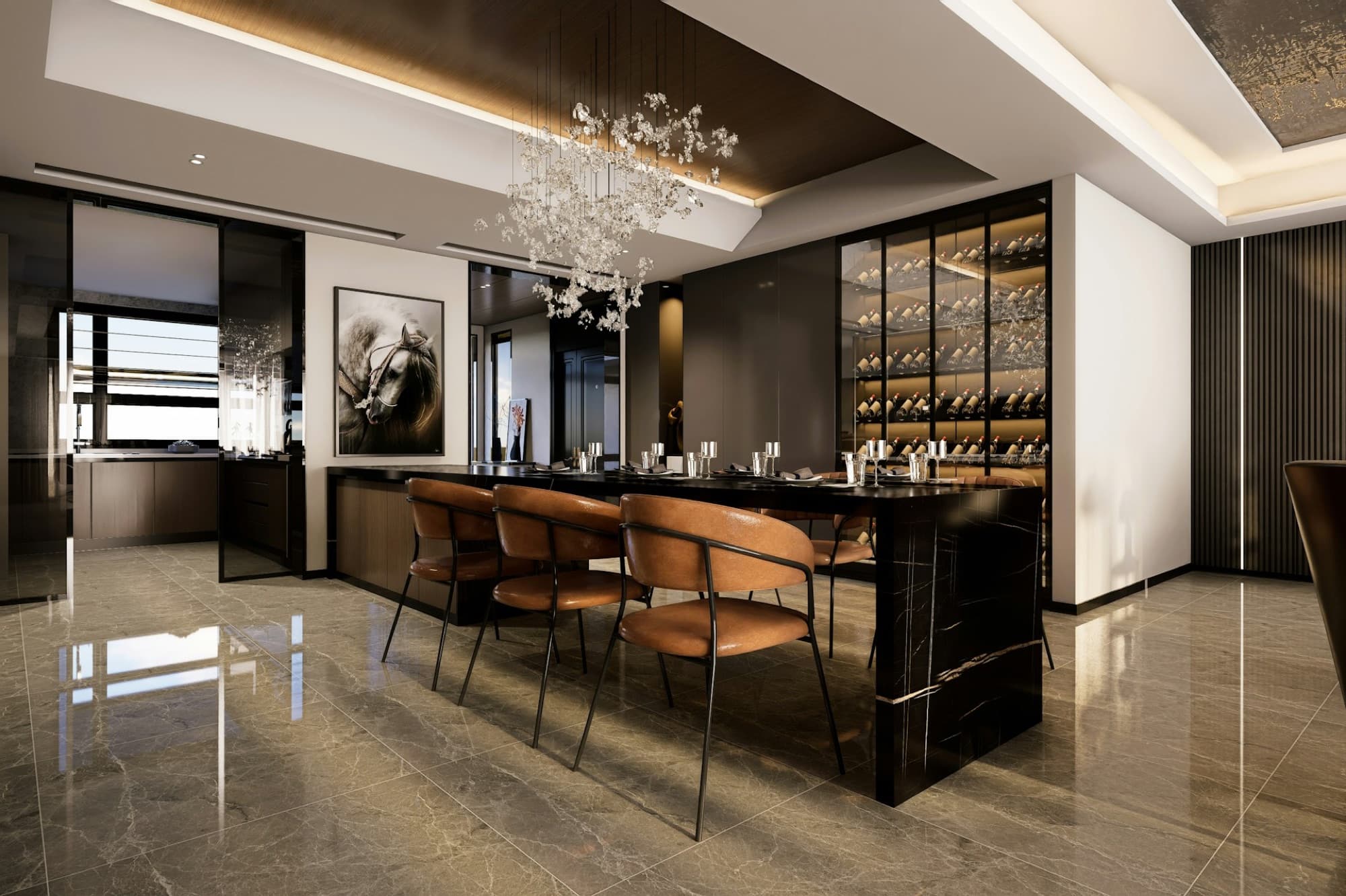 Dark marble kitchen island with a crystal chandelier