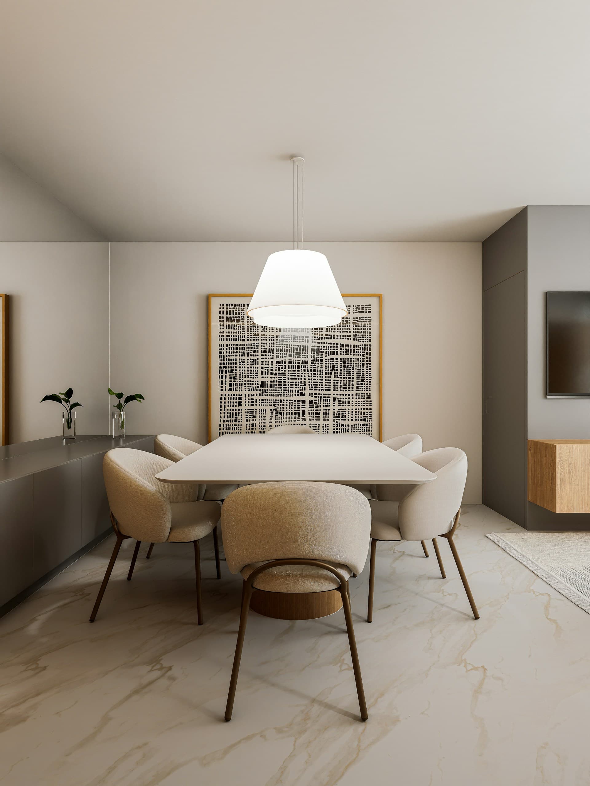 Soft dining room with rounded chairs and pendant light