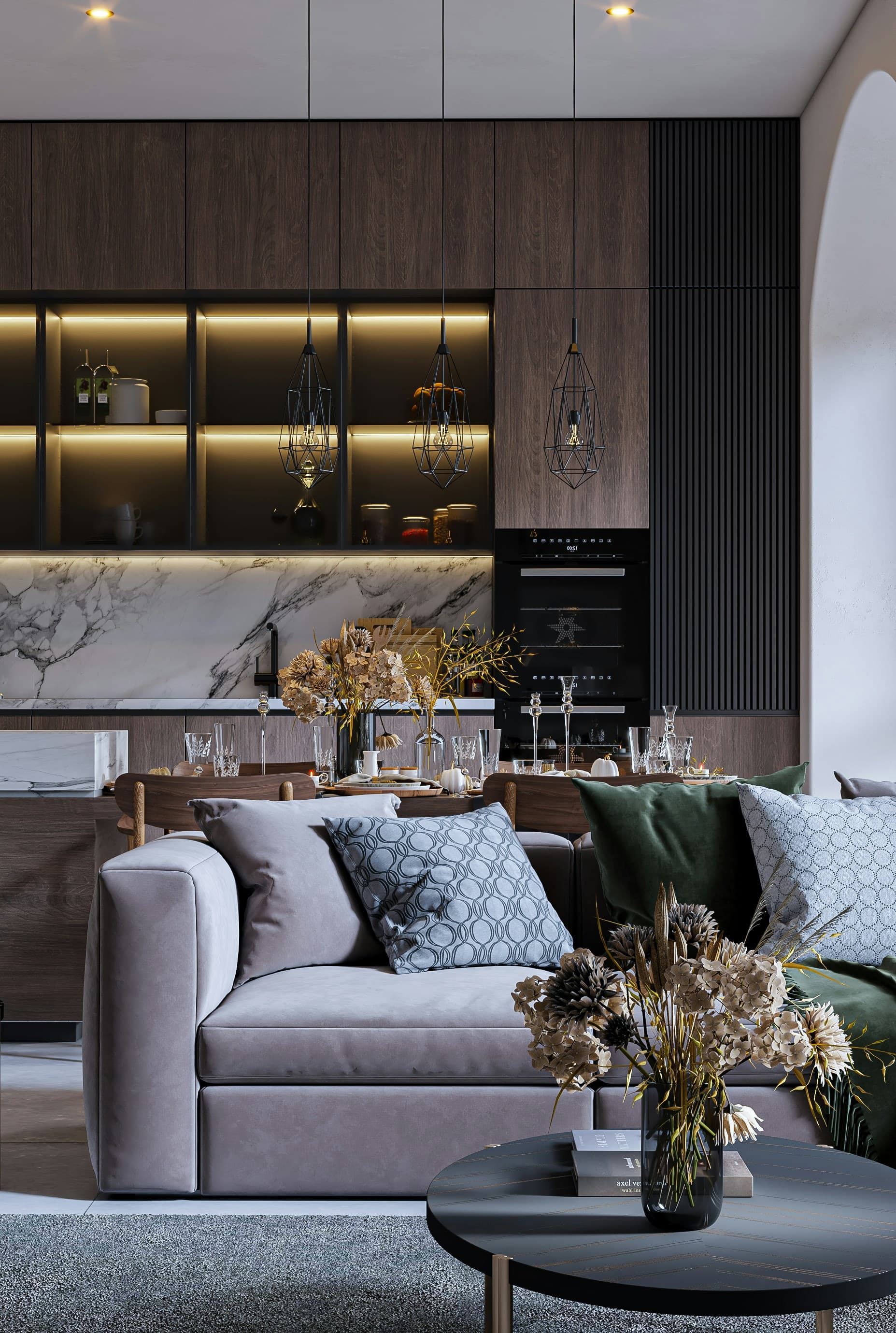 Evening salon with grey velvet sofa and backlit shelving