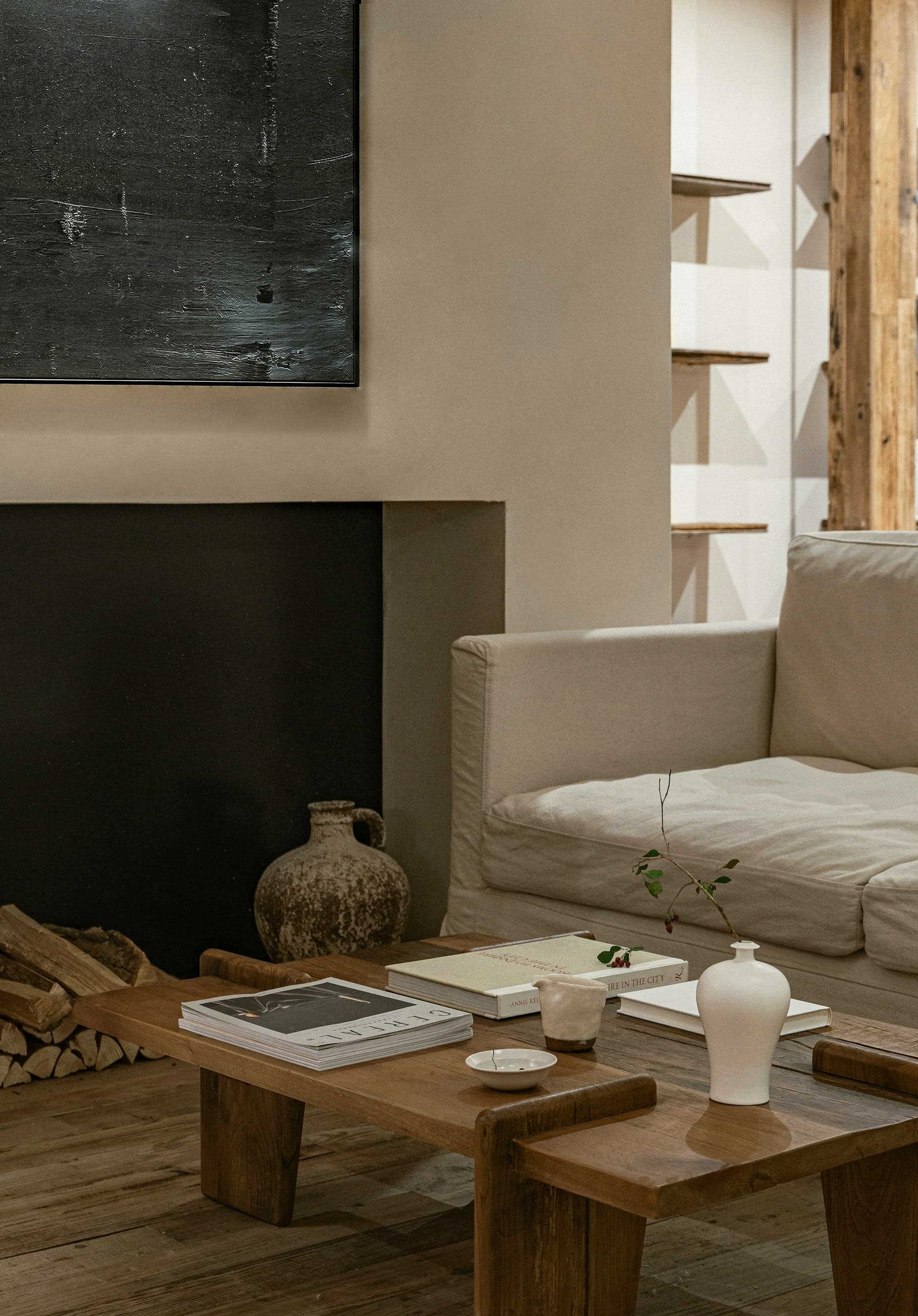 Stone hearth with low timber coffee table