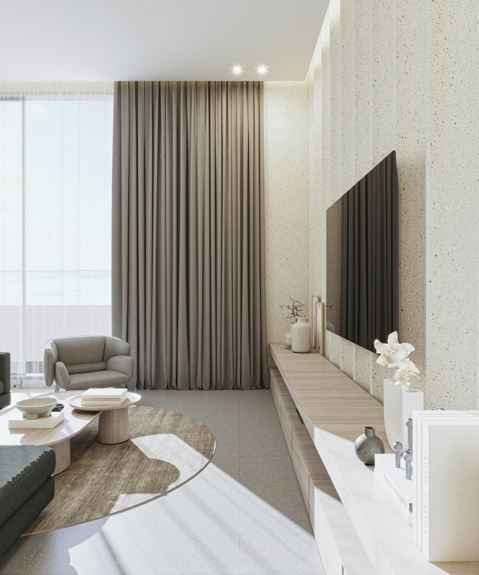 Serene suite with linen curtains and sculpted media wall