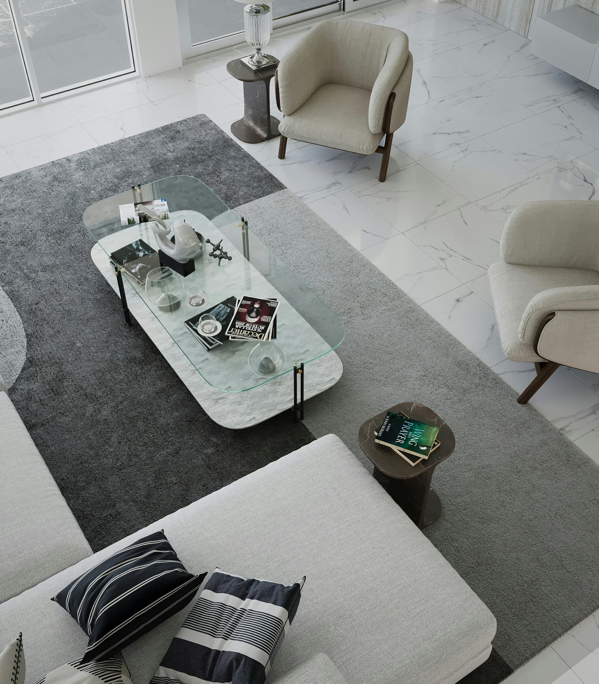 Aerial view of a marble table and lounge chairs