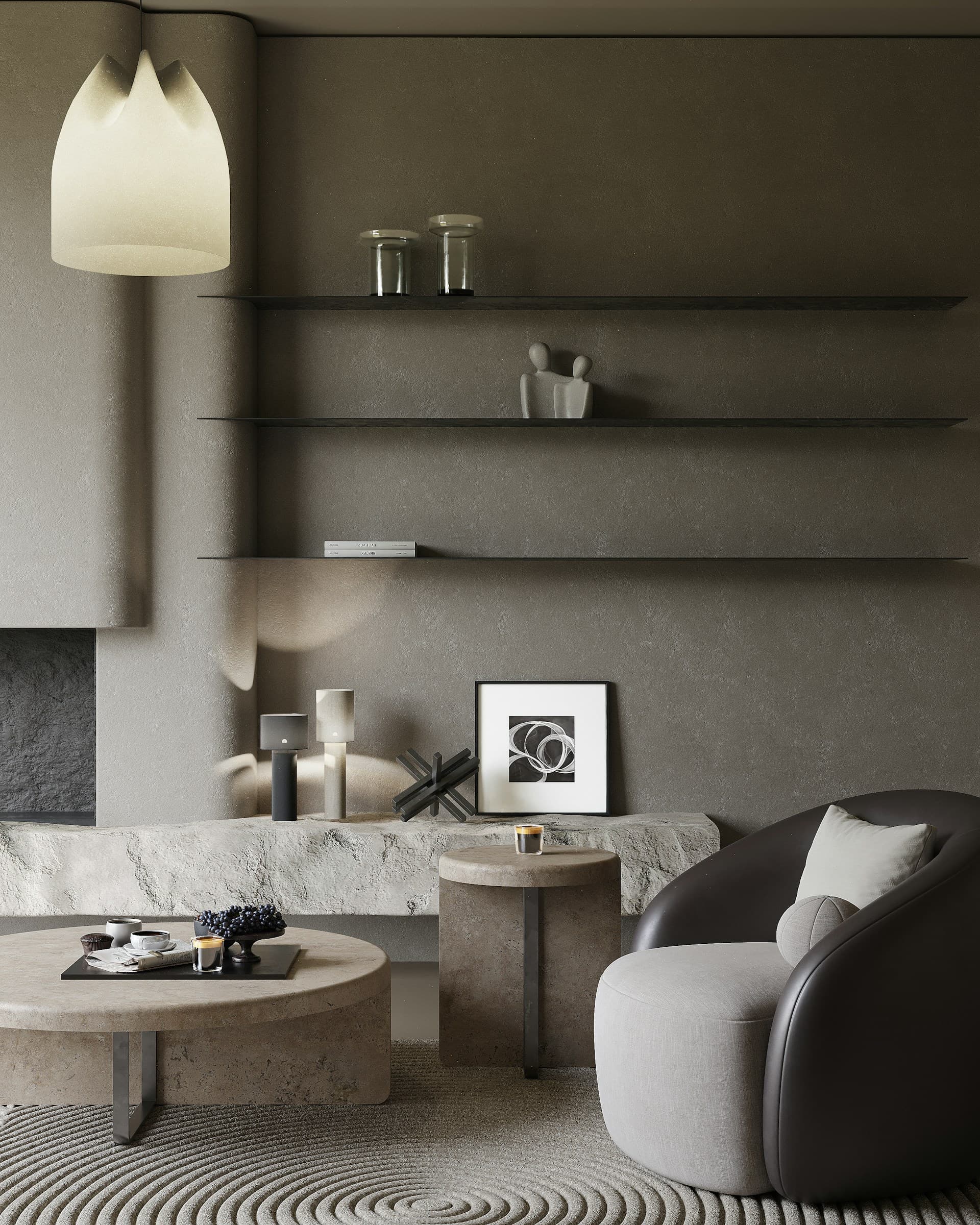 Sculptural boucle chair beside stone shelving
