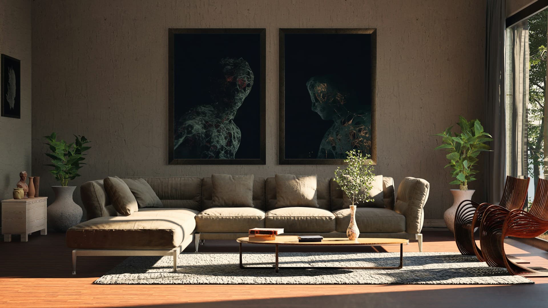 Moody living room with dark gallery wall and low sofa