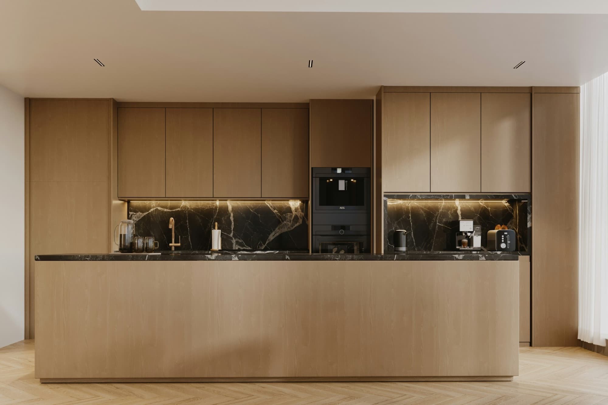 Oak kitchen island with black marble backsplash