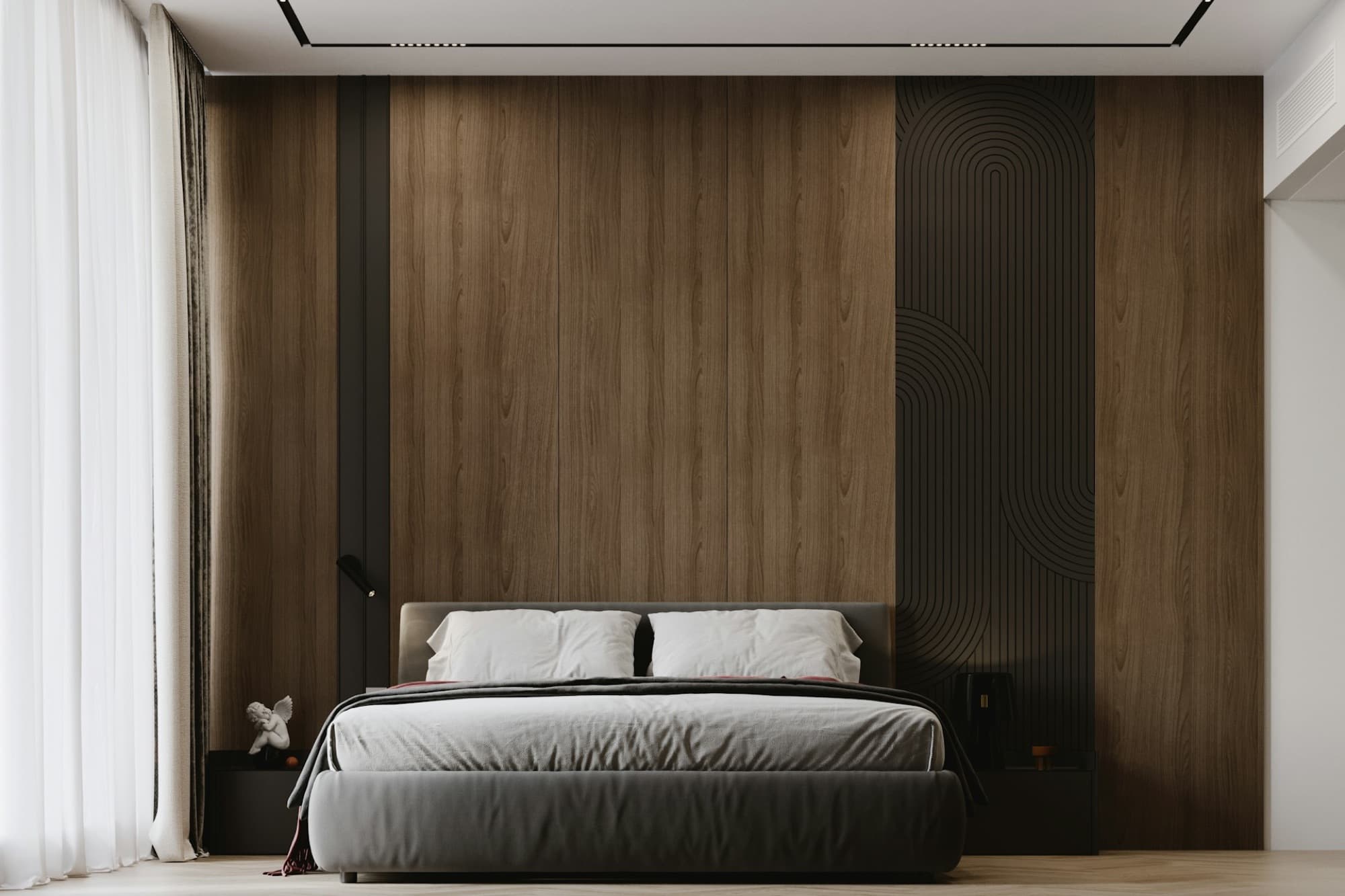 Bedroom with floor-to-ceiling walnut headboard wall