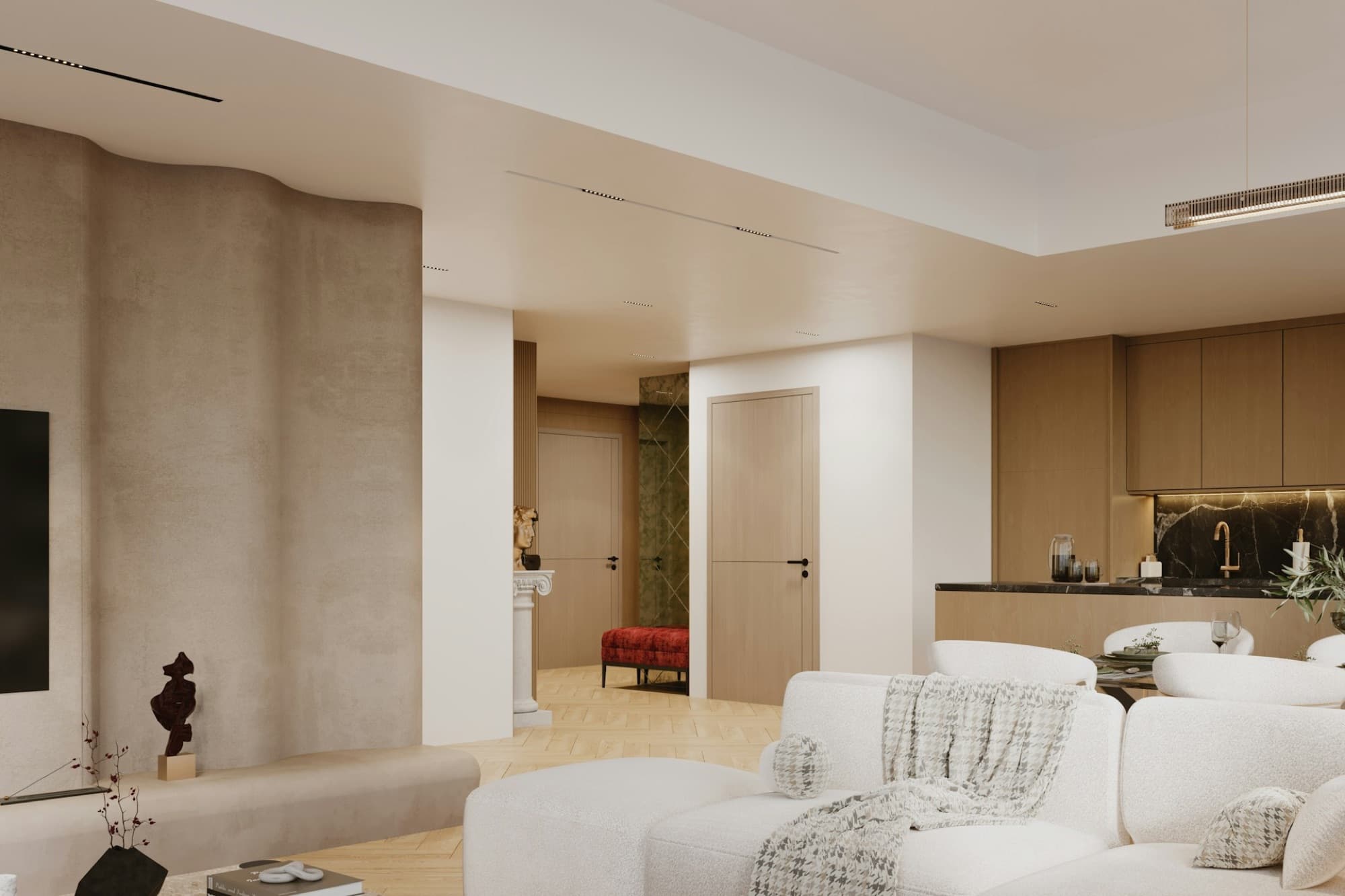 Open living space flowing into a warm oak kitchen