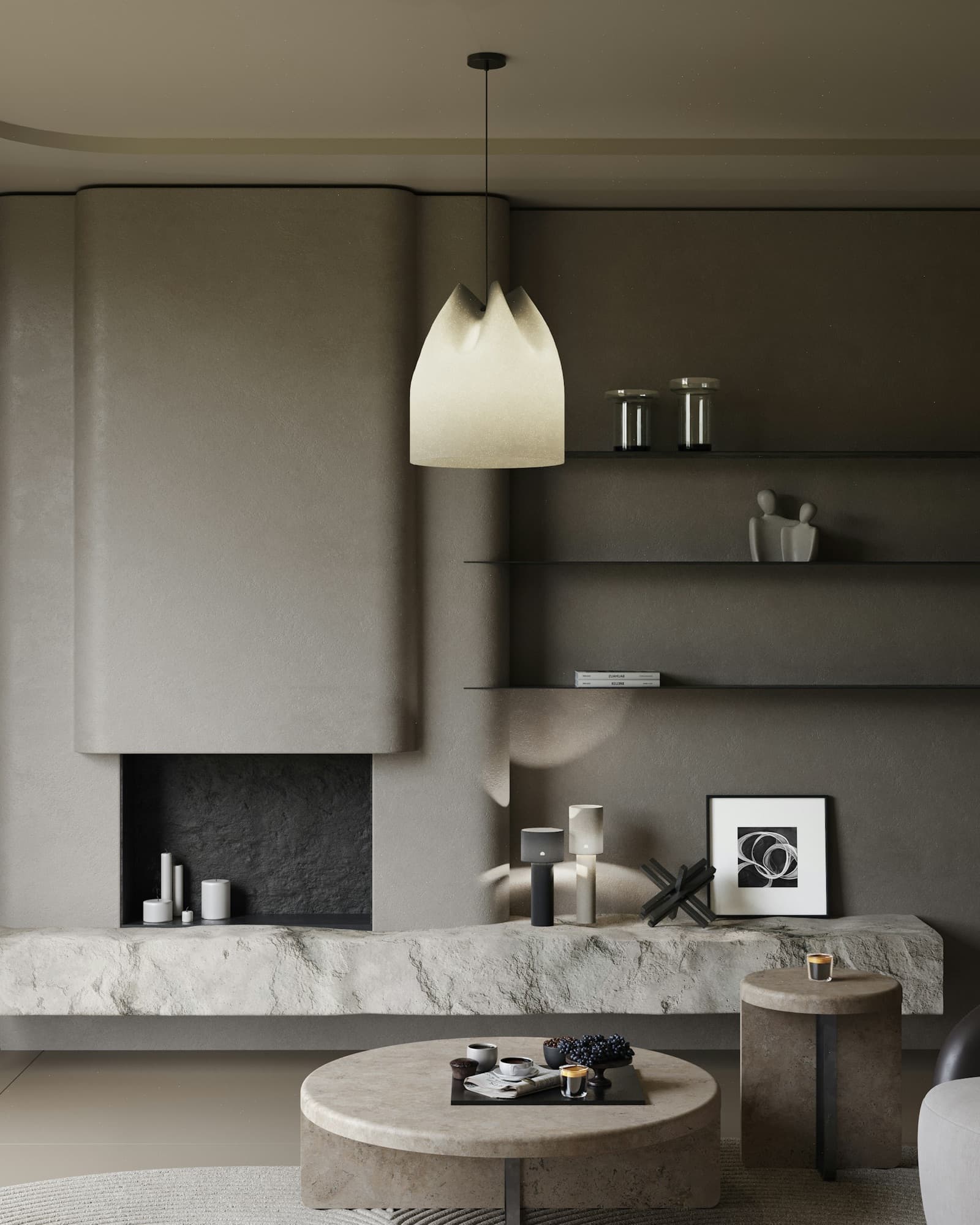 Grey plaster fireplace wall with a sculptural paper pendant