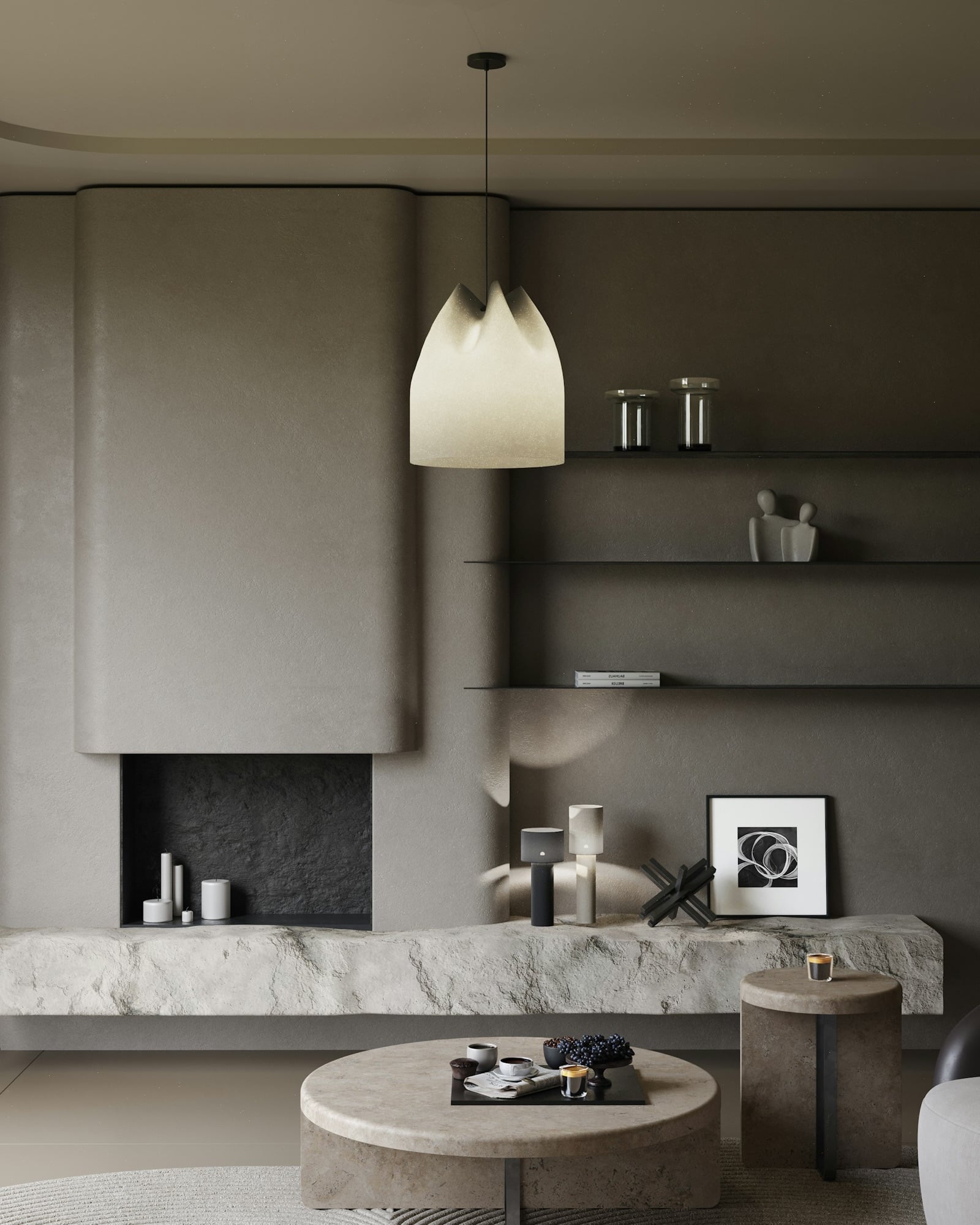 Grey plaster fireplace wall with a sculptural paper pendant
