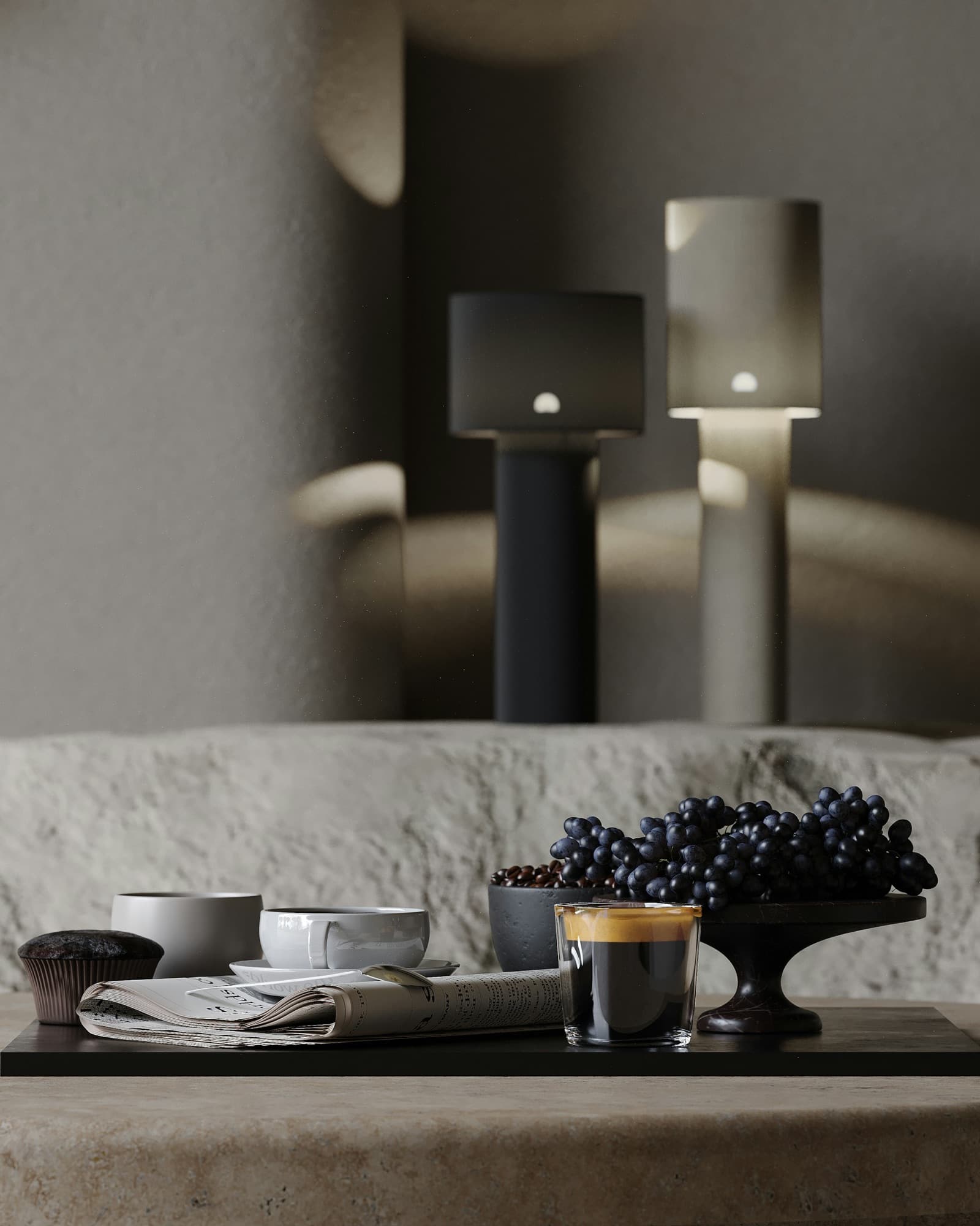 Stone ledge with ceramic vessels and a pair of glowing lamps