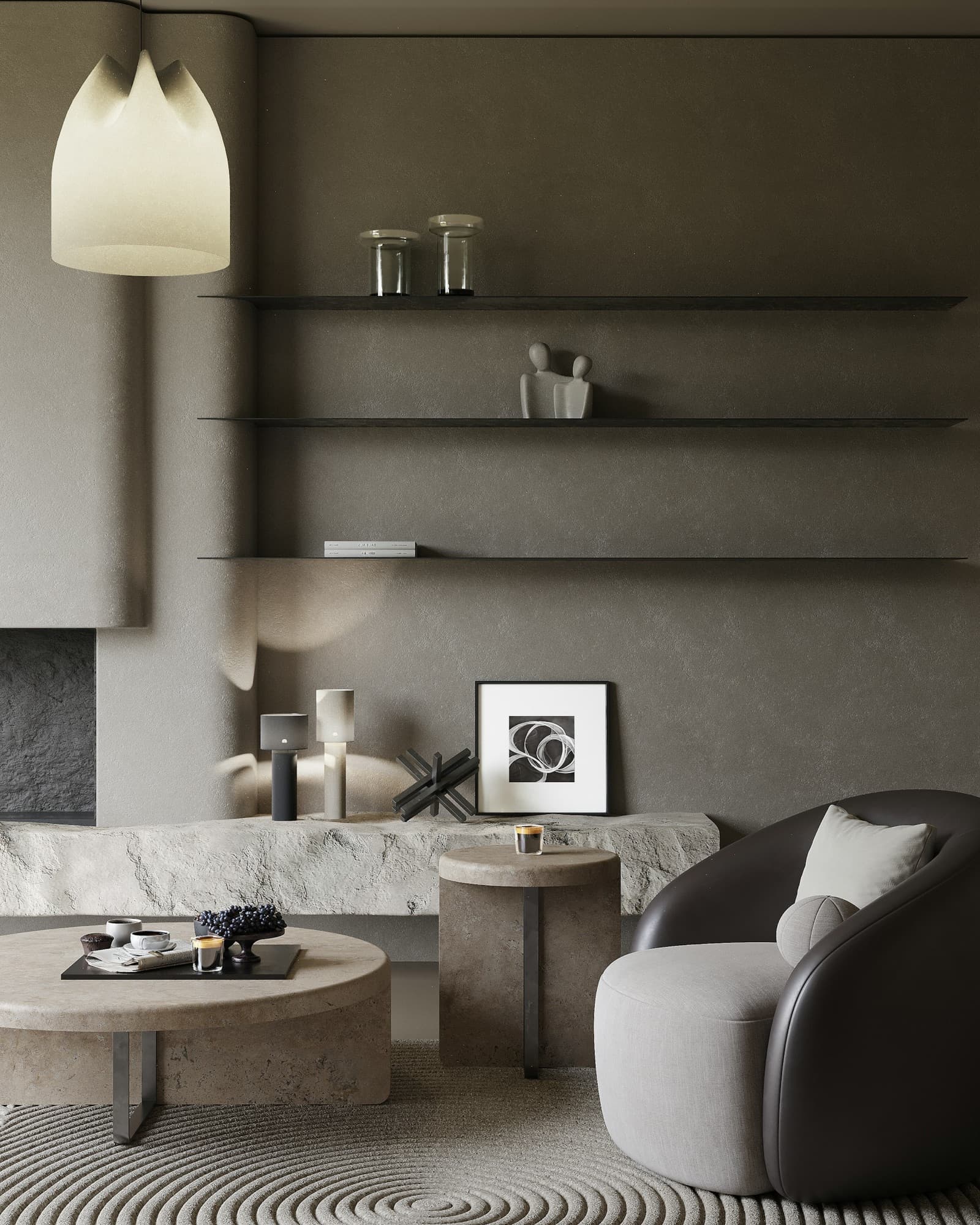 Bouclé armchair in front of floating grey shelves