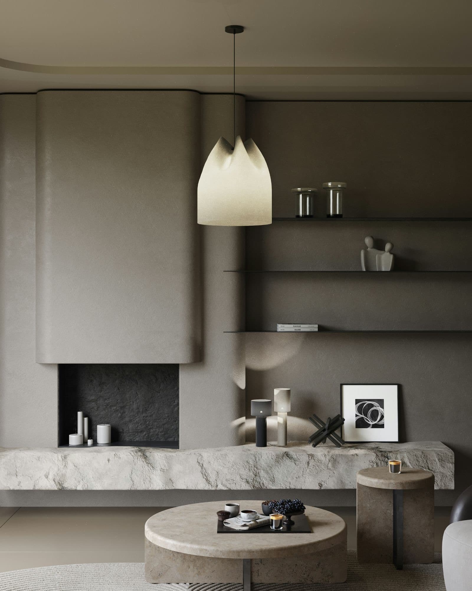 Sculpted plaster fireplace above a raw limestone ledge, with a travertine coffee table