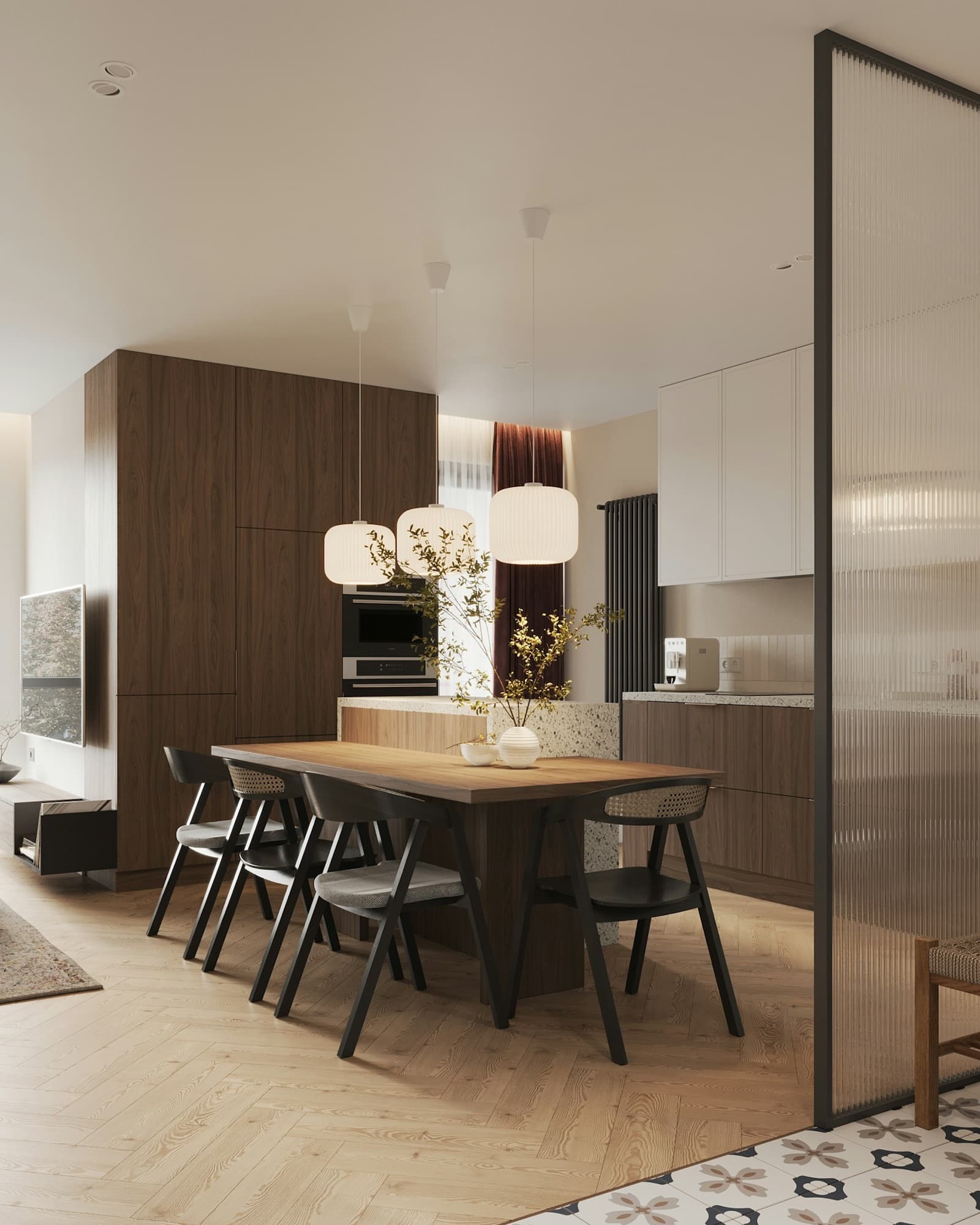 Dining room framed by a bronze glass partition