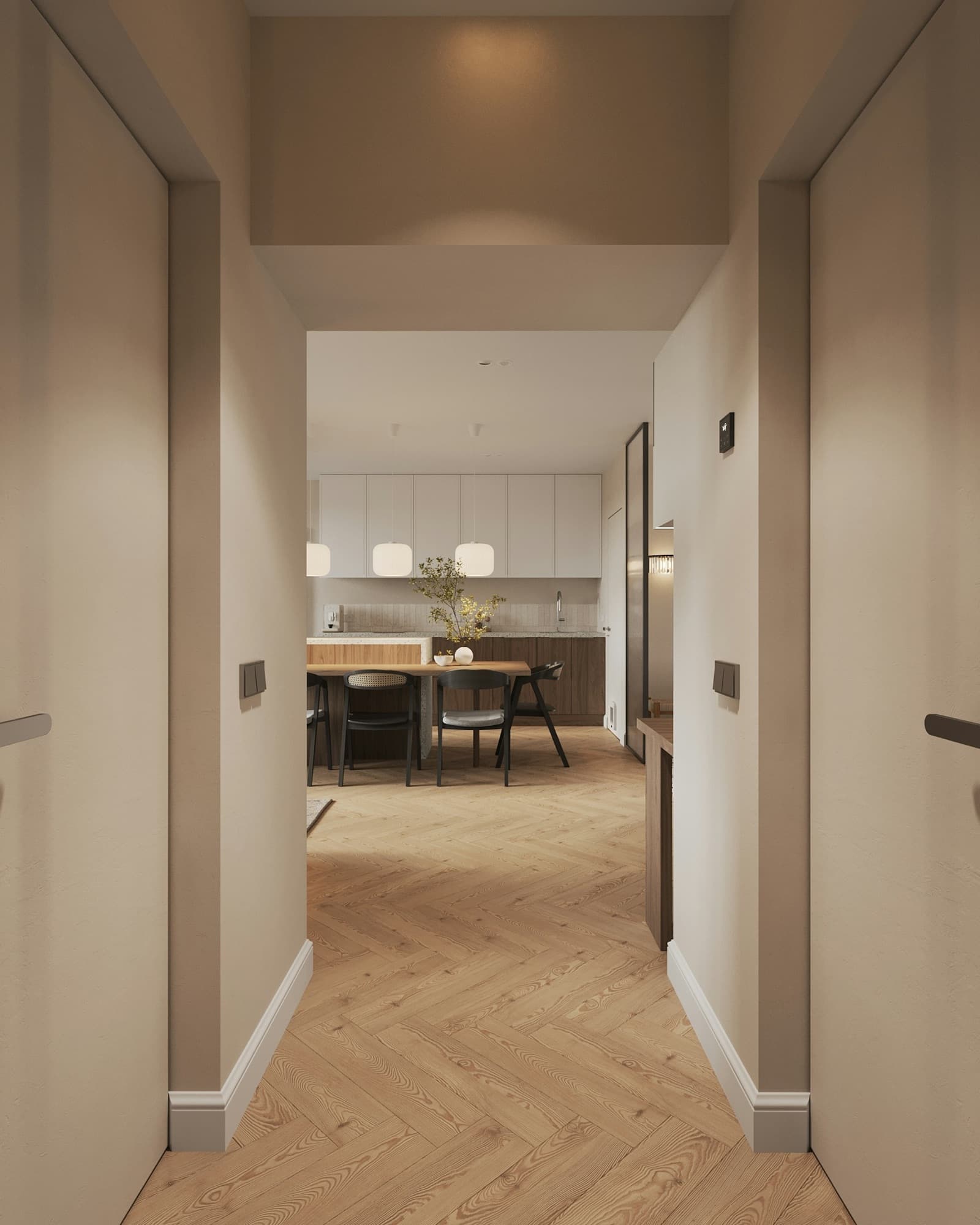 Oak-lined hallway leading to the dining room