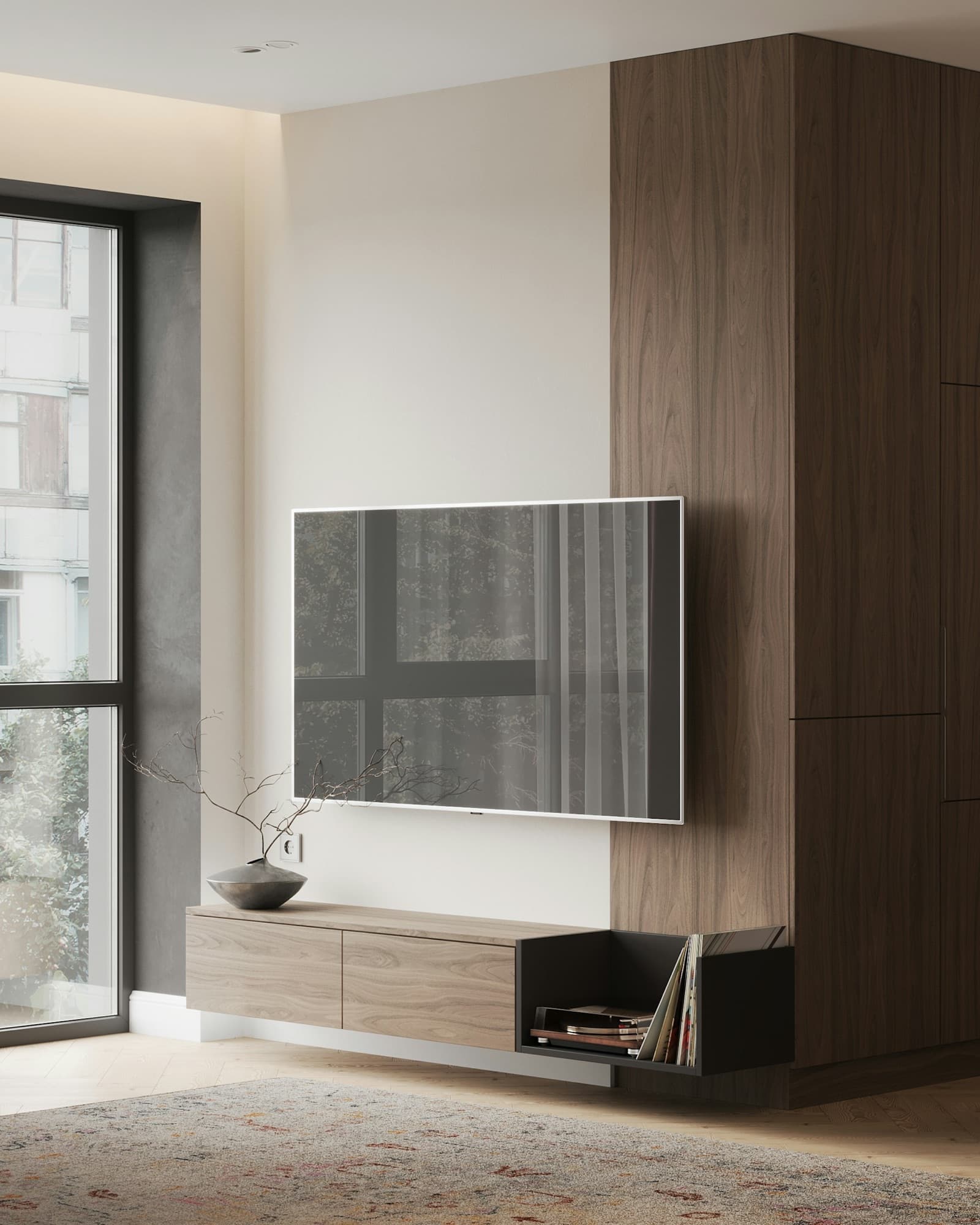 Media wall in fluted oak beside a tall window