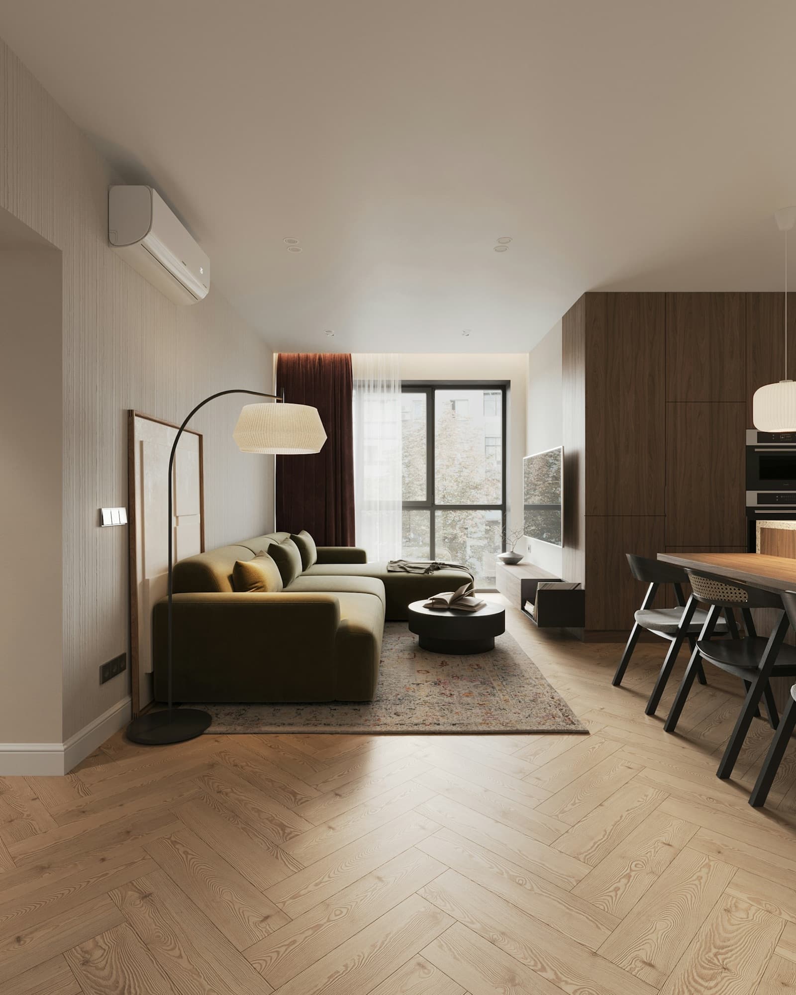 Open-plan living and dining with warm oak flooring